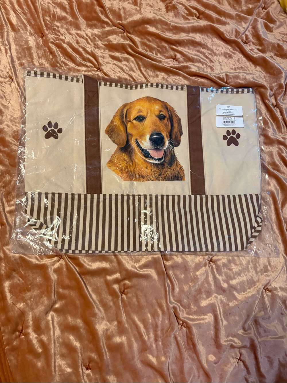 Source Unknown Beige and Brown Canvas Dog Tote with Retriever Portrait